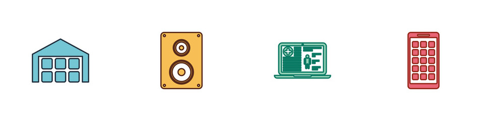 Set Warehouse, Stereo speaker, Medical clinical record and Mobile Apps icon. Vector
