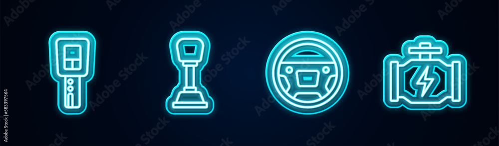 Wall mural Set line Car key with remote, Gear shifter, Steering wheel and Check engine. Glowing neon icon. Vector