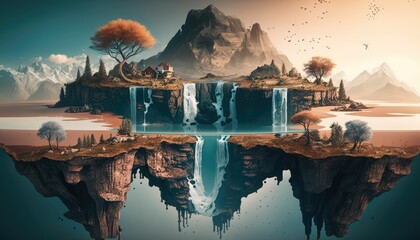 abstract landscape of trees and mountain in water,  generative AI