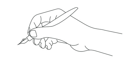 A human hand holding a fountain pen, an isometric icon on a white background. Vector contour illustration. Drawing line