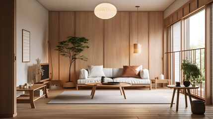 AI Generated, Living room in warm tones, wood textures, scandinavian and japanese design aesthetics.
