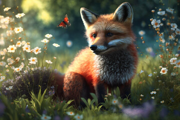 A curious red fox explores a summer meadow filled with colorful blossoms and buzzing bees