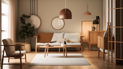AI Generated, Living room in warm tones, wood textures, scandinavian and japanese design aesthetics.