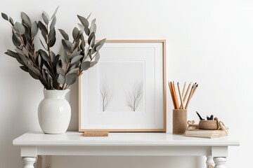 Eucalyptus branches, wooden pencils, a white empty frame mock up, and a sparsely decorated natural interior. Generative AI