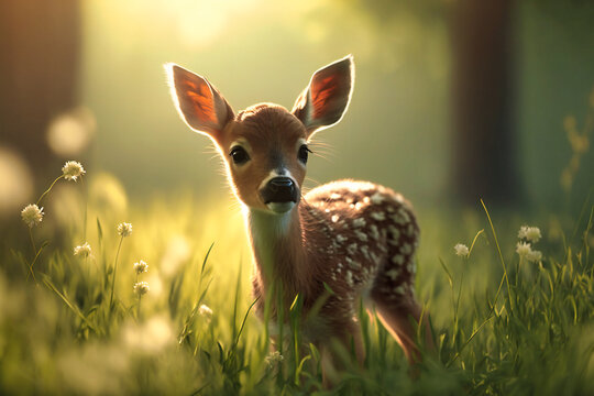 A young fawn bounds playfully through tall grass, its spots blending into the sun-drenched landscape