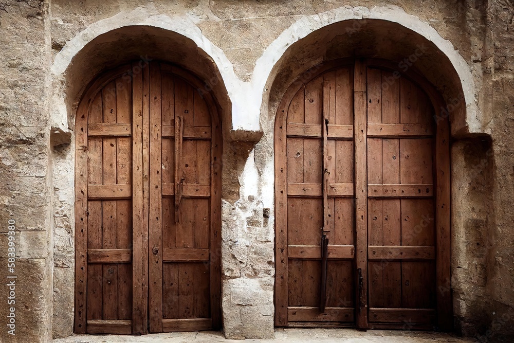 Poster Two large arched medieval door made of wood in beige stone wall., created with generative ai