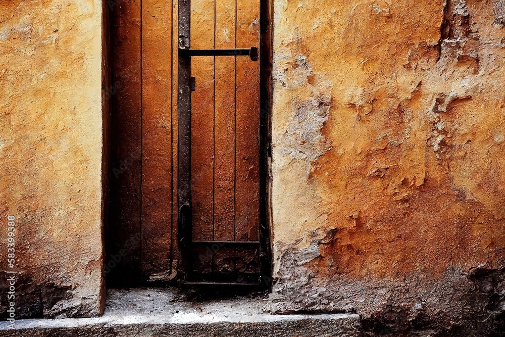 Sticker Rusty wooden medieval door against orange wall with grey plaster., created with generative ai