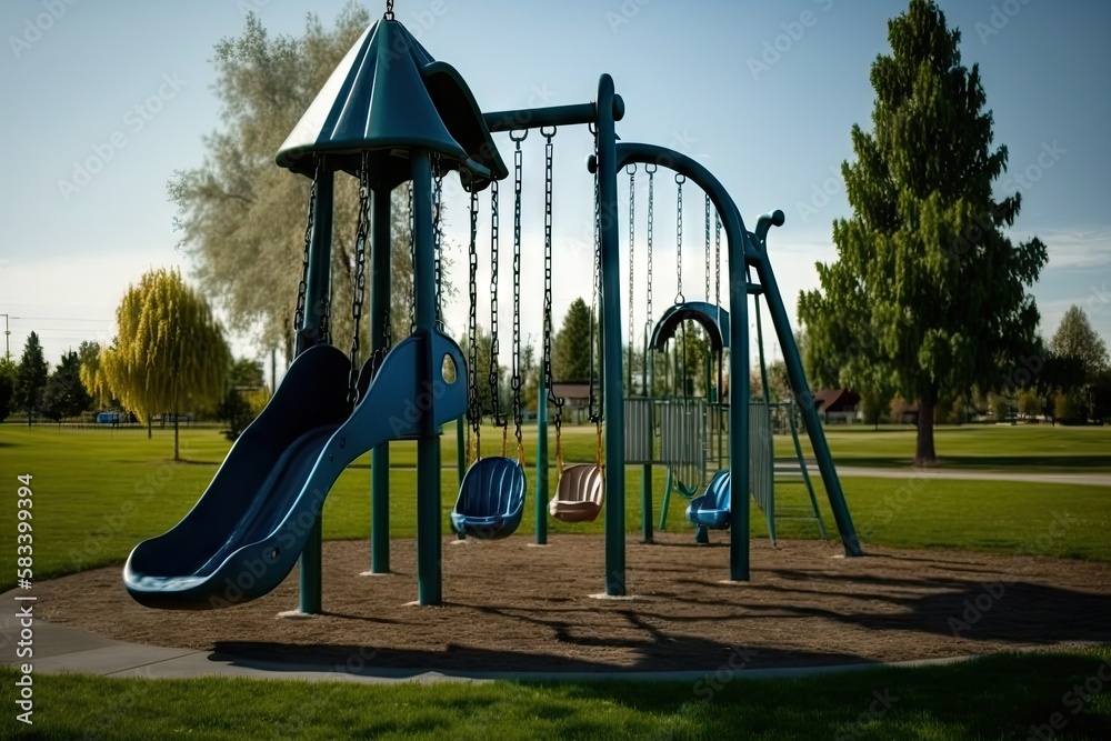 Canvas Prints empty playground with swings and slides in the foreground, and a view of a picturesque park in the background, created with generative ai