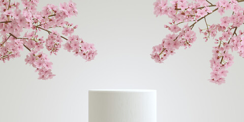 Cherry blossom and podium white background. japanese style 3D podium product background for branding presentation. 3d rendering illustration.