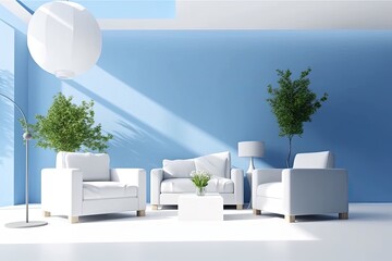 Modern blue sky room design, sofa furniture, and plants; minimalist interior. Generative AI