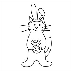 Vector easter line illustration with line of a cat with an egg and rabbit ears. Good for coloring books.