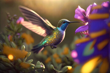 Obraz premium A tiny hummingbird hovers near a brilliant flower, its iridescent feathers shimmering in the sunlight
