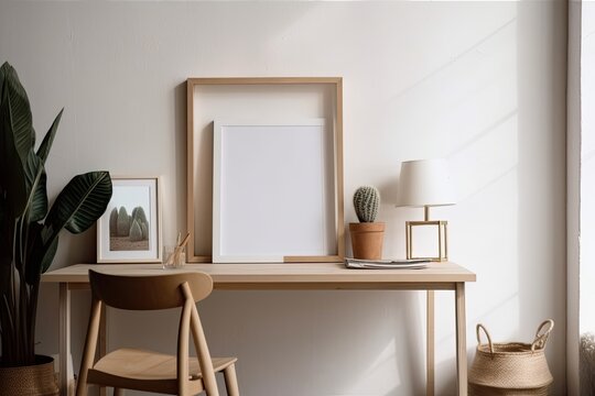 White wooden photo frame with vacant interior of a minimalist home. with copy space, a picture. Generative AI