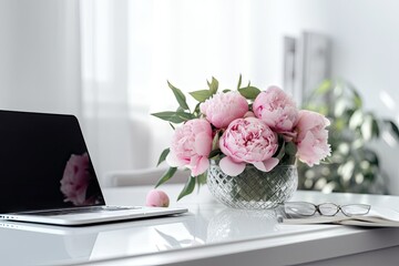 Workspace at an office desk table with a mock up laptop screen. Design of a contemporary, fashionable home including a bunch of pink peonies. social networking, a blog, and a website hero template