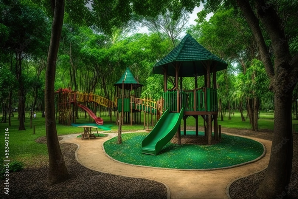 Canvas Prints a playground, surrounded by tall trees and lush greenery, providing a serene setting, created with generative ai