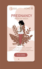 Pregnancy week by week vertical web app template. Woman character expecting baby glowing with anticipation and blissful excitement. Vector illustration