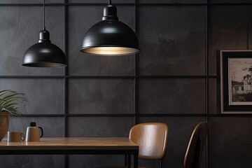 In a cafe, a vintage black lamp hangs as part of the interior design scheme. Generative AI