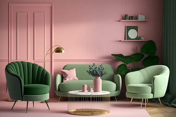  A Pop of Pink: Interior Living Room Design with Green Armchair . Generative AI 