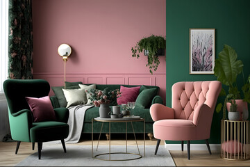 Living Room Oasis: Green and pink Armchair and Pink Wall Home Design . Generative AI 