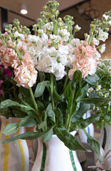 Fresh cut white Matthiola incana or stock flowers in vase.