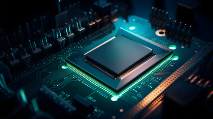 3D rendering of a cpu in a circuit board on a dark background. Computer processor close-up. Technology background. Copy space. Generative AI technology.