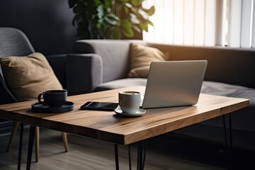 Home office design idea. The designated workspace is located in the living room. A cup of hot coffee and a modern laptop are on a wooden table. Background, copy space, and close up. Generative AI