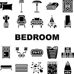 bedroom house home bed interior icons set vector