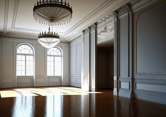 Big classical ballroom as digital interior design illustration (Generative AI) - obrazy, fototapety, plakaty