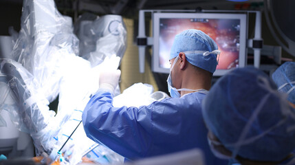 Robotic Surgery. Medical operation involving robot. Medical robot. Minimally Invasive Robotic Surgery. - obrazy, fototapety, plakaty