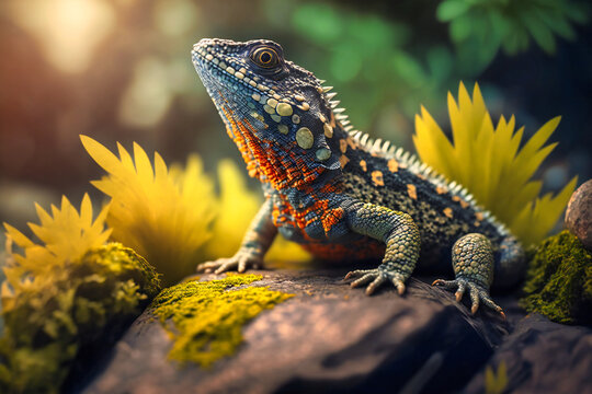 A spiny lizard basks on a sun-warmed rock, soaking up the heat of a lazy summer day - Powered by Adobe