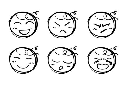 Various facial expressions drawn with black pen