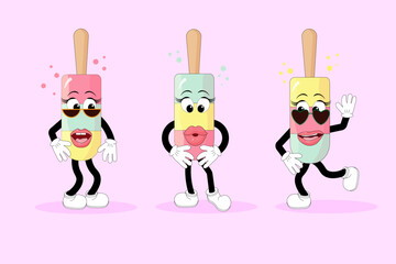 Colorful ice cream on a stick in cartoon style. Vector mascots on an isolated background. For stickers, covers and brochures, advertising flyers, invitations and postcards.