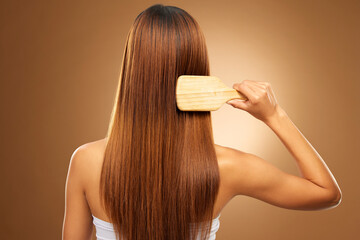 Back of hair, brush and woman in studio for beauty, wellness and keratin treatment on brown...