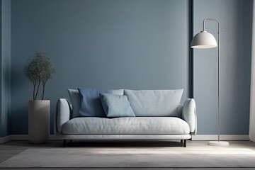 Interior of a minimalist living room. In a home with gray walls and vacant space, a white table, a modern sofa with white and blue pillows, a lamp, and a vase with dried plants are displayed in a flat