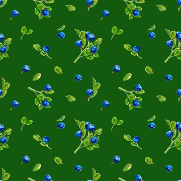 Seamless pattern of forest plants bluebery drawn with markers on a green background. For fabric, sketchbook cover, wallpaper, print, textile, your design.