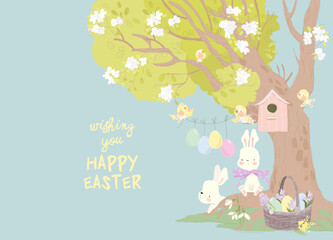 Cute Cartoon Rabbits celebrating Easter in Spring Forest