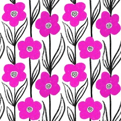 Hand drawn seamless pattern with hot pink fuchsia flowers with black leaves on white background. Floral daisy in vertical lines in mid century modern style, botanical decoration design for wallpaper