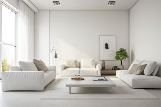 White, contemporary minimalism style room with sofa, loveseat, and coffee tables. mock up for an illustration. Generative AI