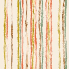 Hand drawn seamless pattern with vertical blurry stripes in yellow orange green color on beige background. Abstract geomentric mid century modern style, irregular liquid lines, minimalist design for