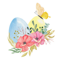 Watercolor illustration with yellow and blue easter eggs, flowers, green leaves, willow branches and yellow butterfly