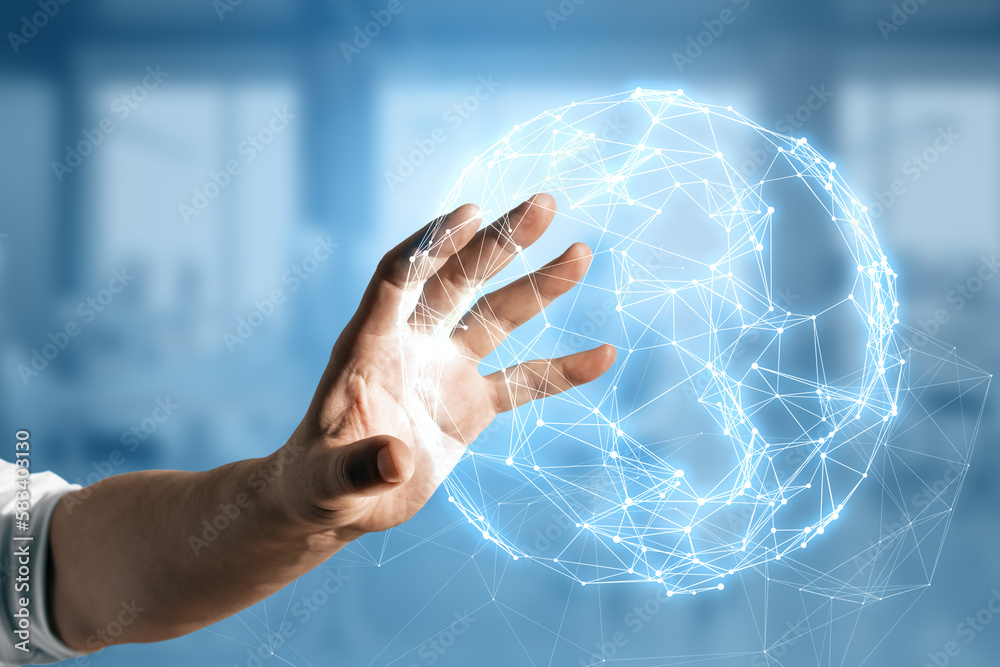 Poster Close up of man hand using glowing polygonal globe hologram on blurry background. Connection Structure. Digital Data Visualization. Social Network Graphic Concept.