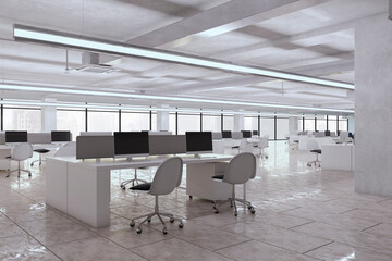 Modern bright coworking office interior with furniture, equipment and other items. Workplace and commercial space concept. 3D Rendering.
