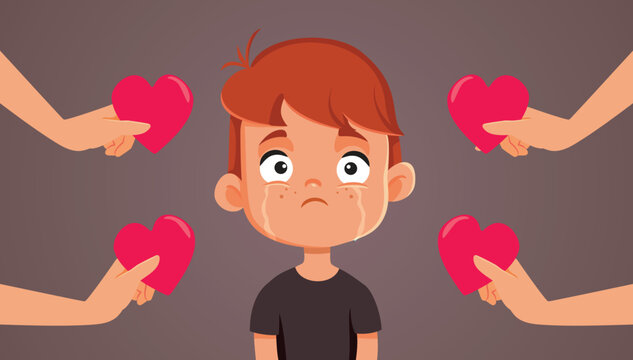 Sad Boy Receiving Support from Friends and Family Vector Illustration. Unhappy child feeling insecure receiving affection and love
