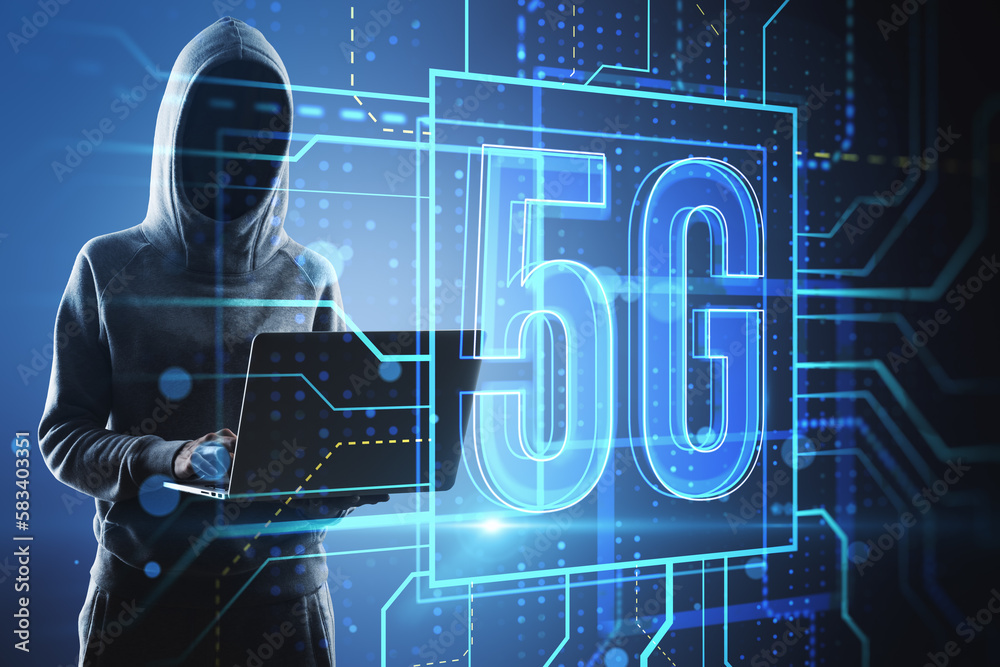 Poster Hacker in hoodie using laptop with glowing linear 5g hologram on blurry background. 5G network and wireless systems. Double exposure.