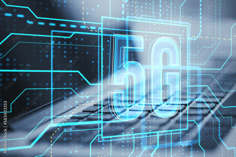 Poster close up of laptop with glowing linear 5g hologram on blurry background. 5g network and wireless sys