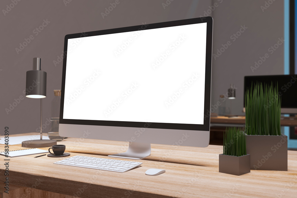 Aufkleber Close up of designer office desktop with empty white computer monitor, decorative items and supplies. Mock up, 3D Rendering.
