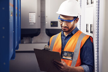 Man, electricity and technician in control room, writing notes and machine maintenance on clipboard. Male electrician, system and electrical substation for power, engineering inspection and checklist