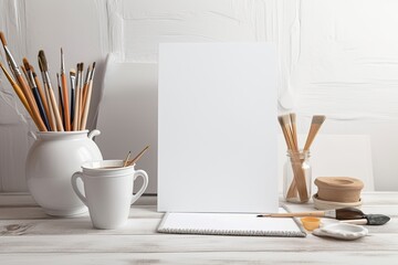 Mockup of a blank paper card for an invitation. Scene of artistic stationery with paintbrushes, pencils, and a ceramic vase. A creative table composition with a background of a white wooden wall