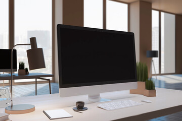 Close up of designer office workplace with empty black computer monitor, window with city view, decorative items and supplies. Mock up, 3D Rendering.