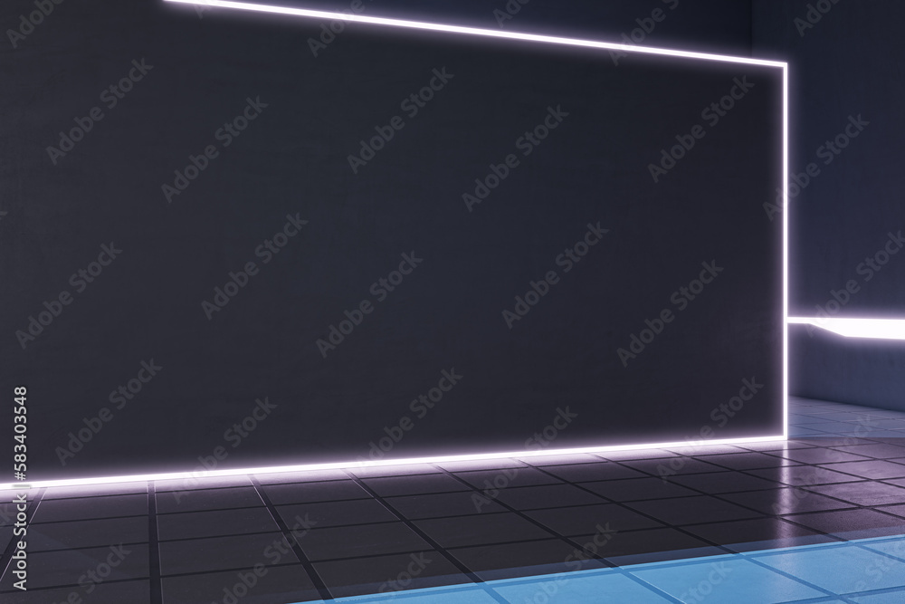 Aufkleber Abstract interior with blank banner, tile floor and empty mock up place. 3D Rendering.